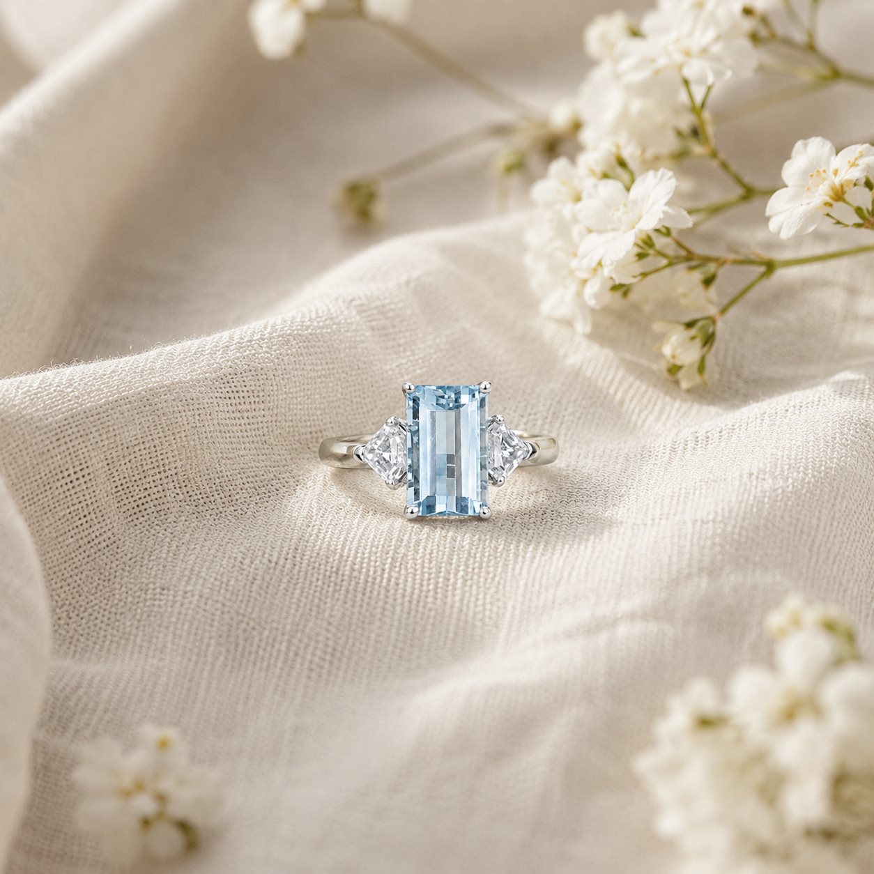 Natural Blue Topaz Three-Stone Adjustable Ring – 925 Sterling Silver