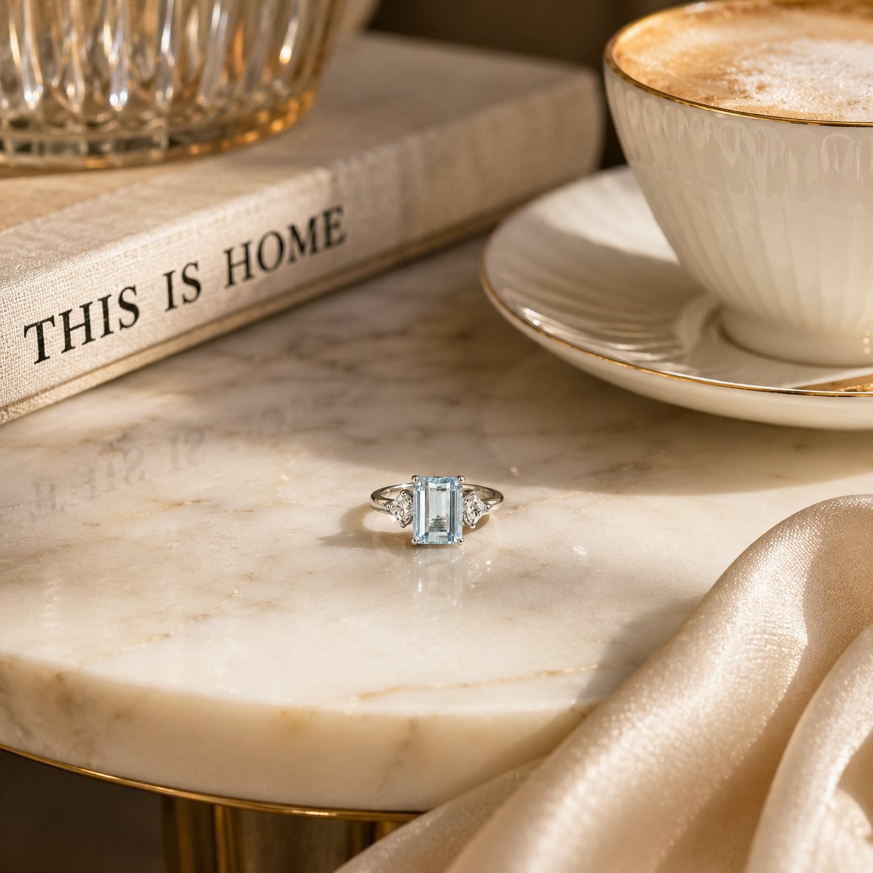 Natural Blue Topaz Emerald-Cut Three-Stone Adjustable Ring – 925 Sterling Silver