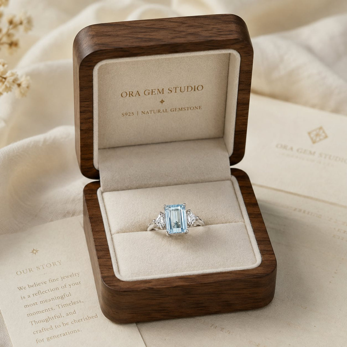 Natural Blue Topaz Emerald-Cut Three-Stone Adjustable Ring – 925 Sterling Silver