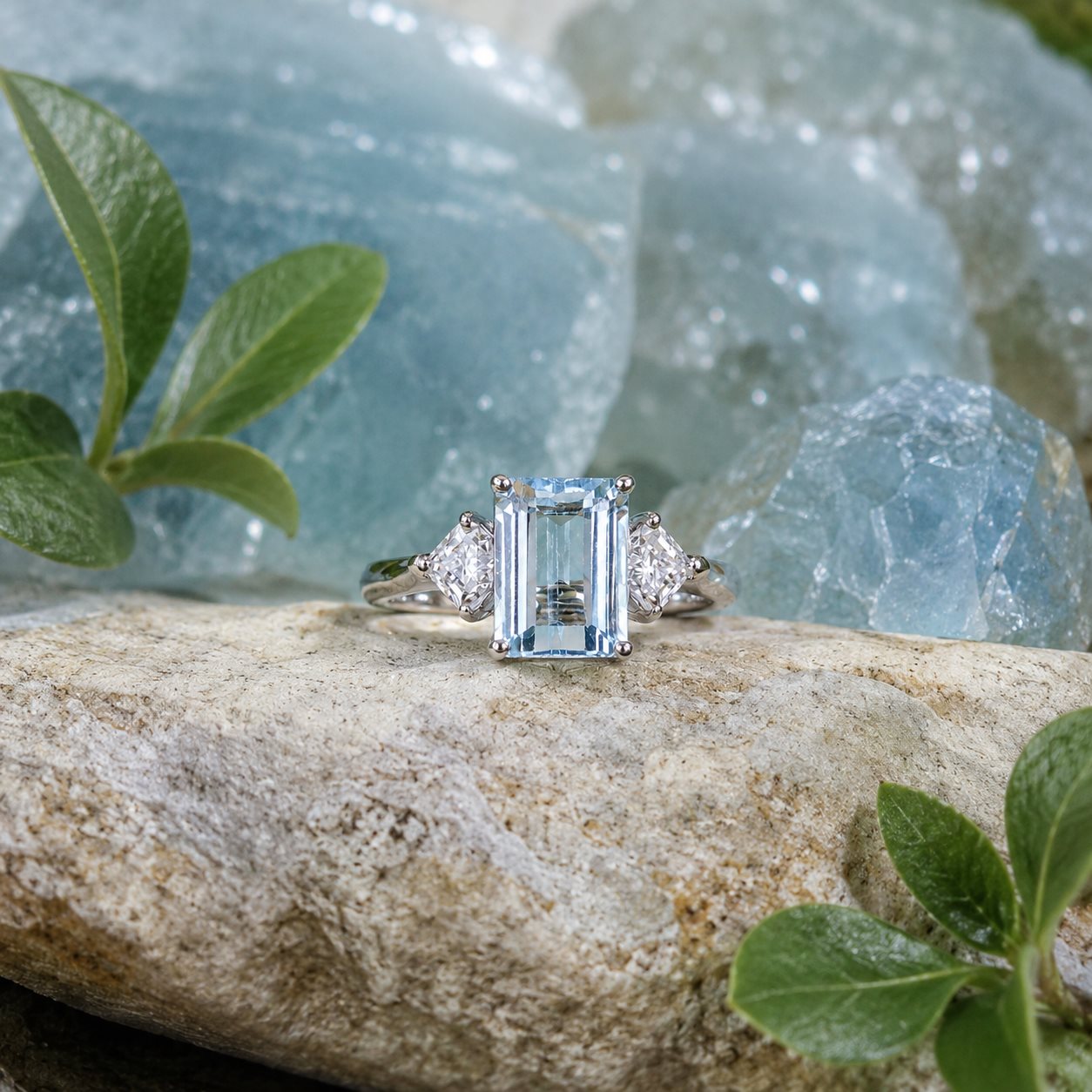 Natural Blue Topaz Emerald-Cut Three-Stone Adjustable Ring – 925 Sterling Silver