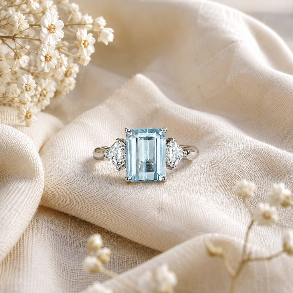 Natural Blue Topaz Emerald-Cut Three-Stone Adjustable Ring – 925 Sterling Silver