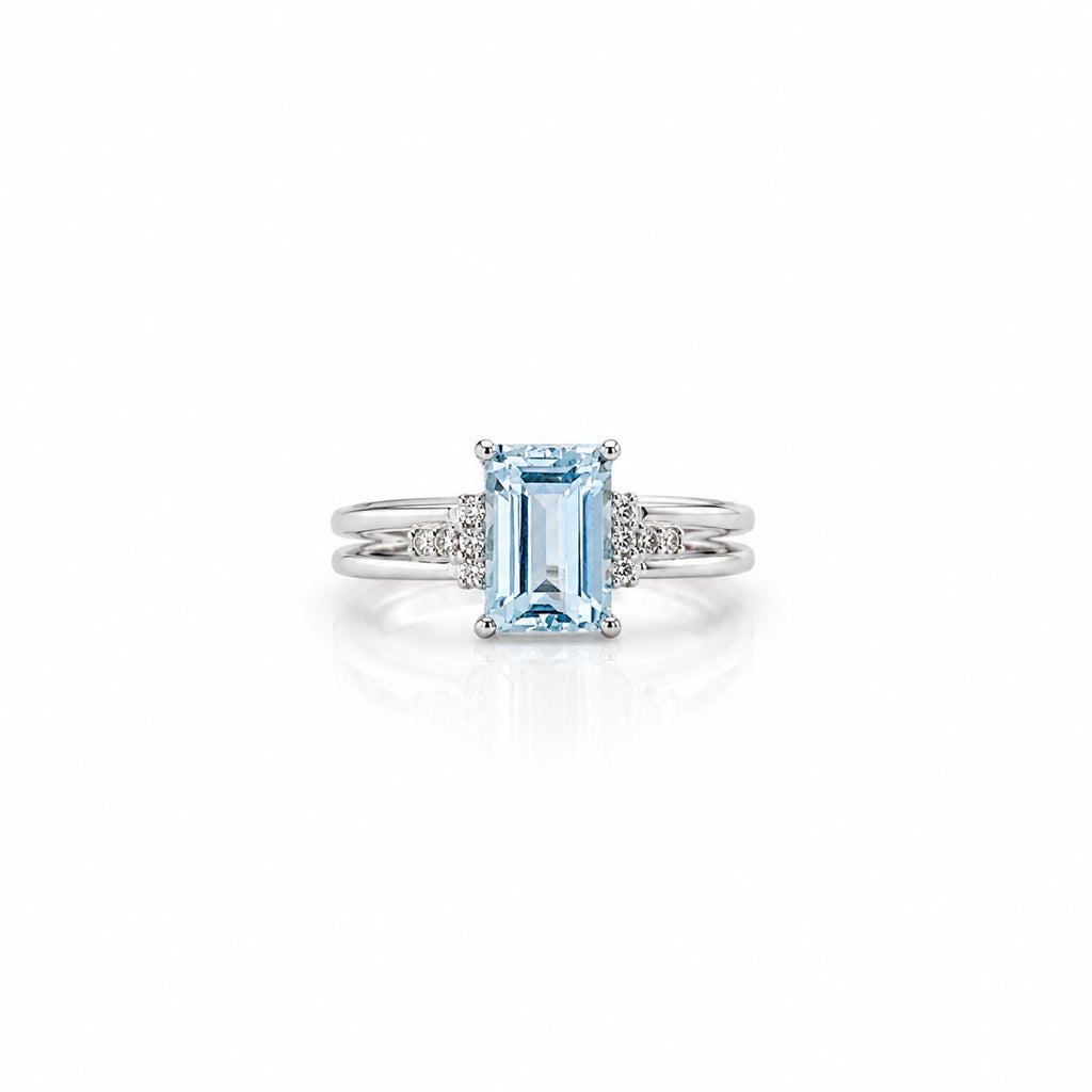 Natural Blue Topaz Emerald-Cut Split-Shank Adjustable Ring – 925 Sterling Silver