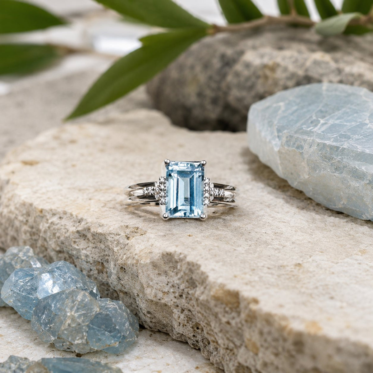 Natural Blue Topaz Emerald-Cut Split-Shank Adjustable Ring – 925 Sterling Silver