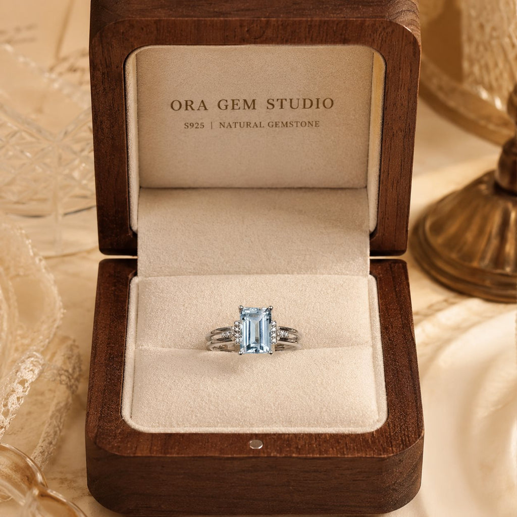 Natural Blue Topaz Emerald-Cut Split-Shank Adjustable Ring – 925 Sterling Silver