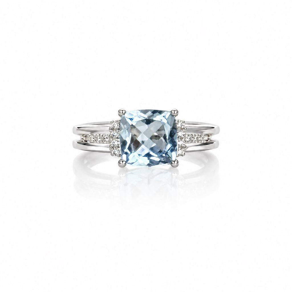 Natural Blue Topaz Cushion-Cut Split-Shank Adjustable Ring – 925 Sterling Silver