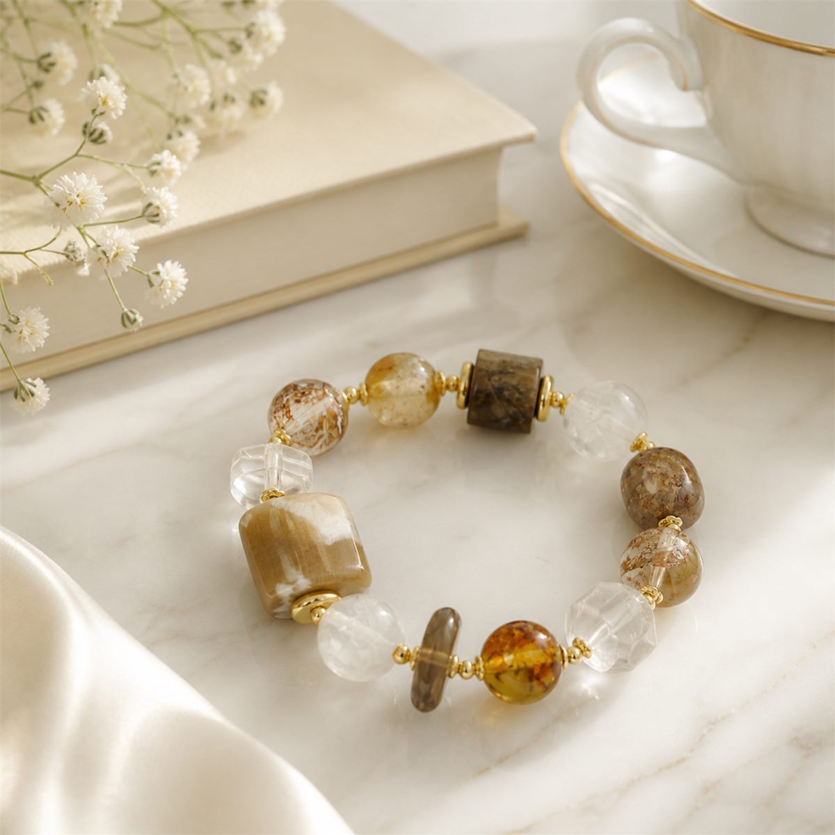 Natural Agate & Clear Quartz Mixed Gemstone Stretch Bracelet