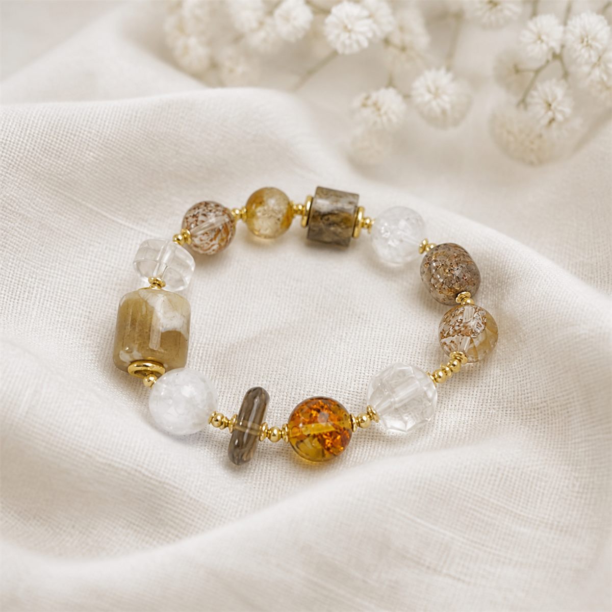 Natural Agate & Clear Quartz Mixed Gemstone Stretch Bracelet