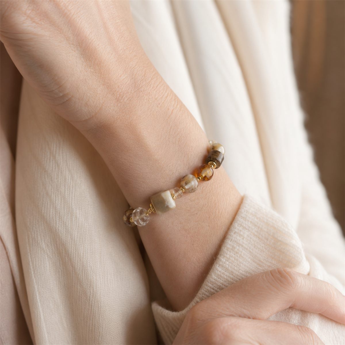 Natural Agate & Clear Quartz Mixed Gemstone Stretch Bracelet