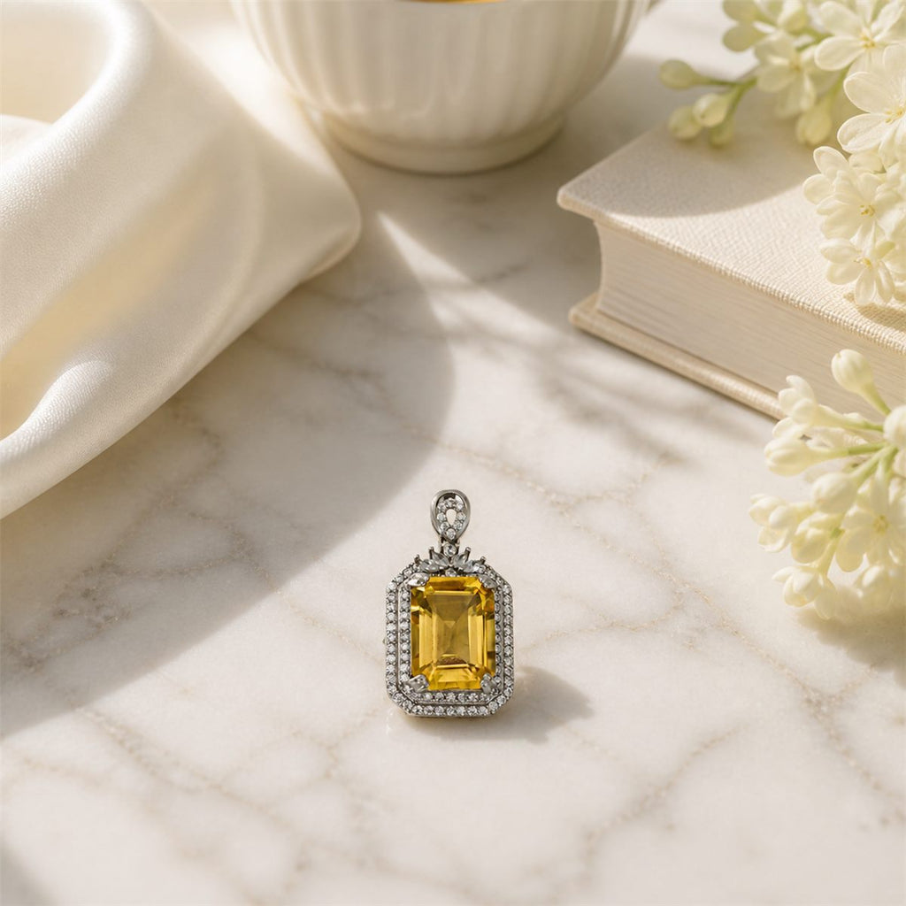 Natural Brazilian Citrine Halo Pendant Necklace – 925 Sterling Silver