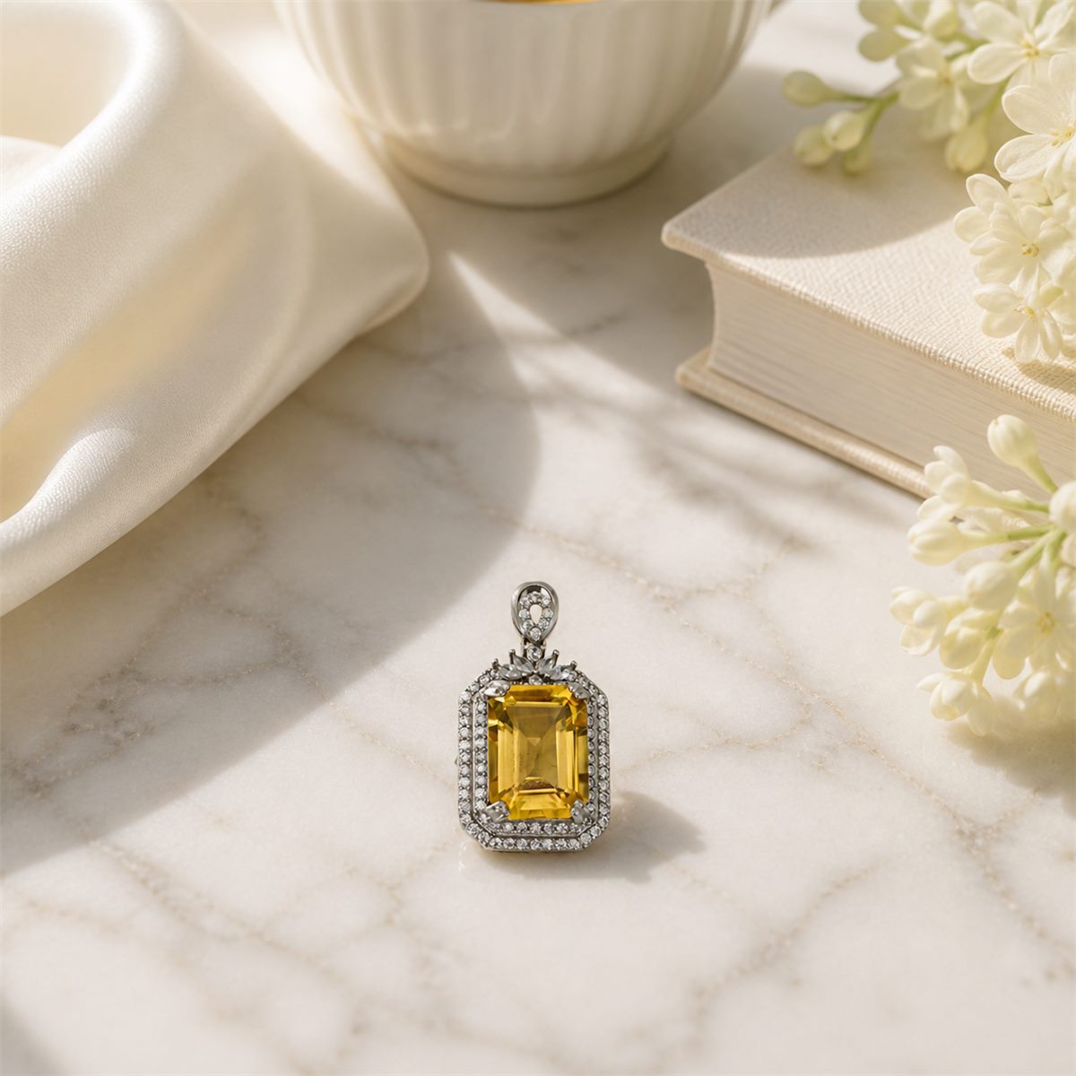 Natural Brazilian Citrine Halo Pendant Necklace – 925 Sterling Silver