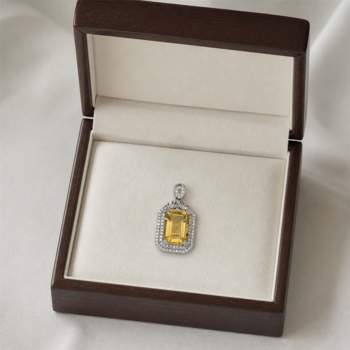 Natural Brazilian Citrine Halo Pendant Necklace – 925 Sterling Silver