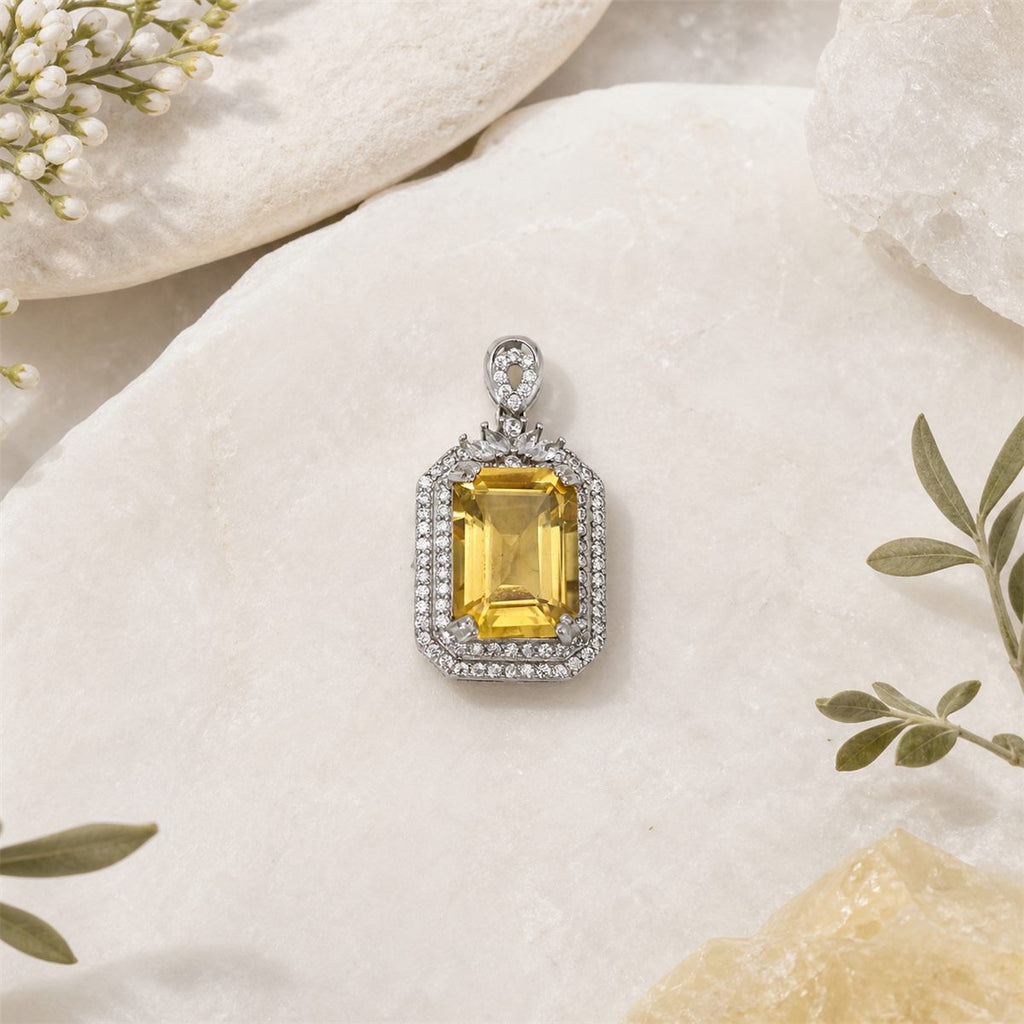 Natural Brazilian Citrine Halo Pendant Necklace – 925 Sterling Silver