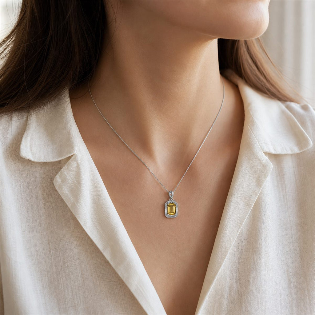 Natural Brazilian Citrine Halo Pendant Necklace – 925 Sterling Silver