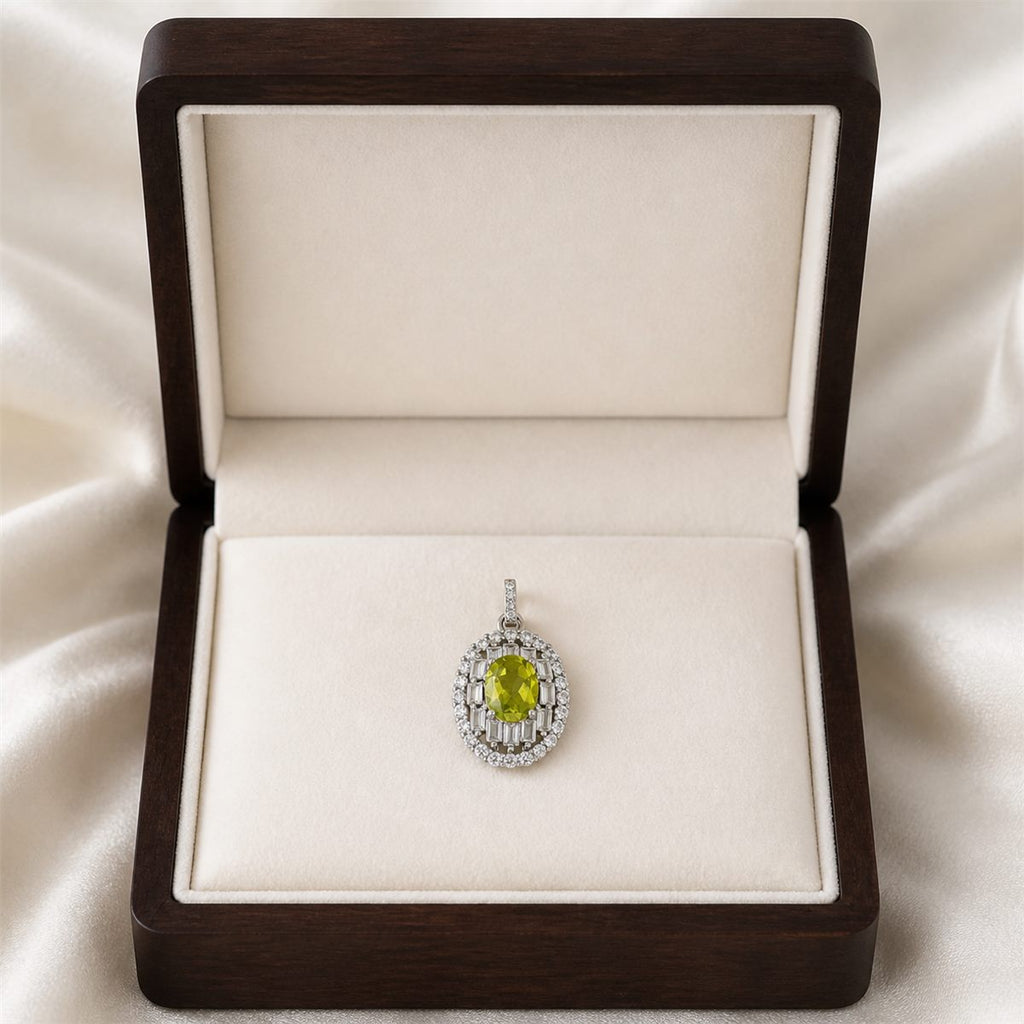 Natural Peridot Geometric Halo Pendant Necklace – 925 Sterling Silver