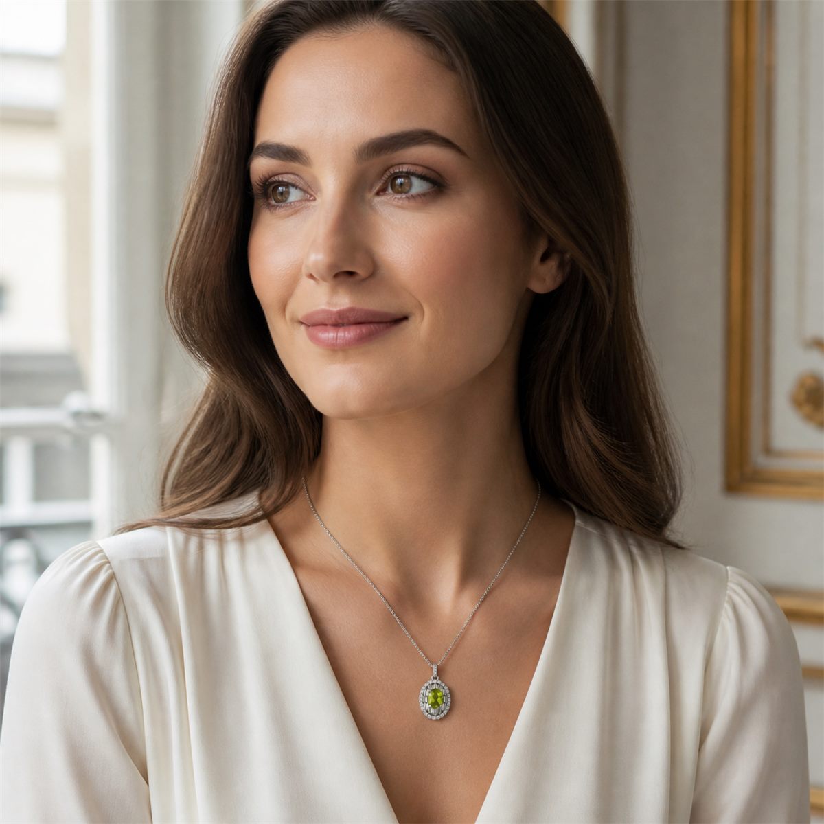 Natural Peridot Geometric Halo Pendant Necklace – 925 Sterling Silver