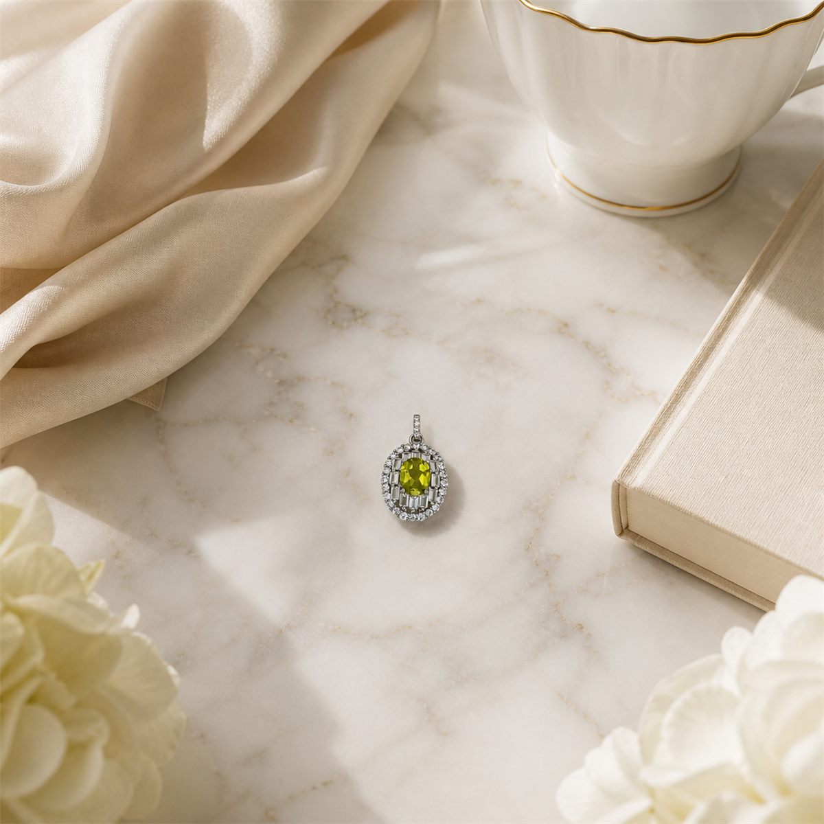 Natural Peridot Geometric Halo Pendant Necklace – 925 Sterling Silver