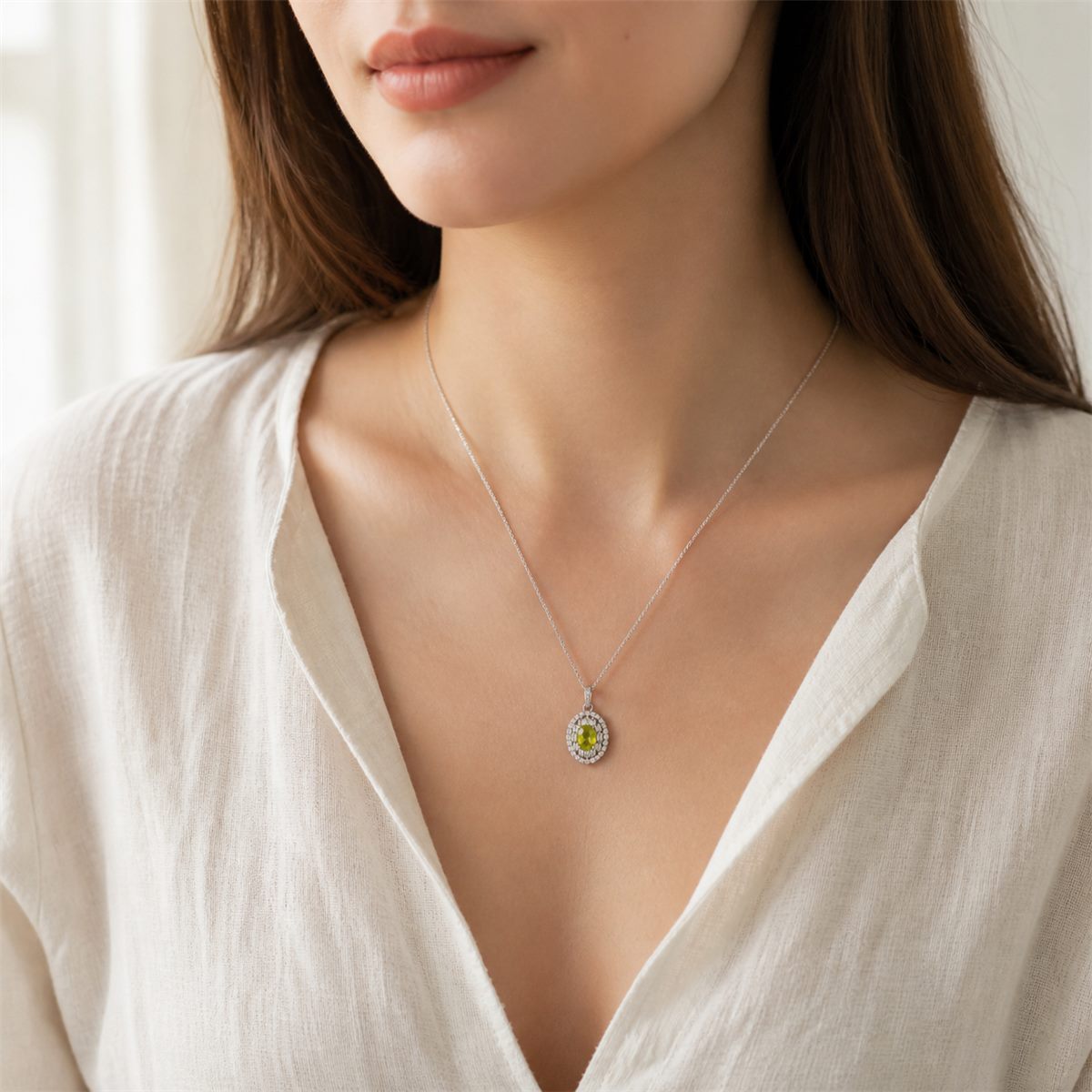Natural Peridot Geometric Halo Pendant Necklace – 925 Sterling Silver