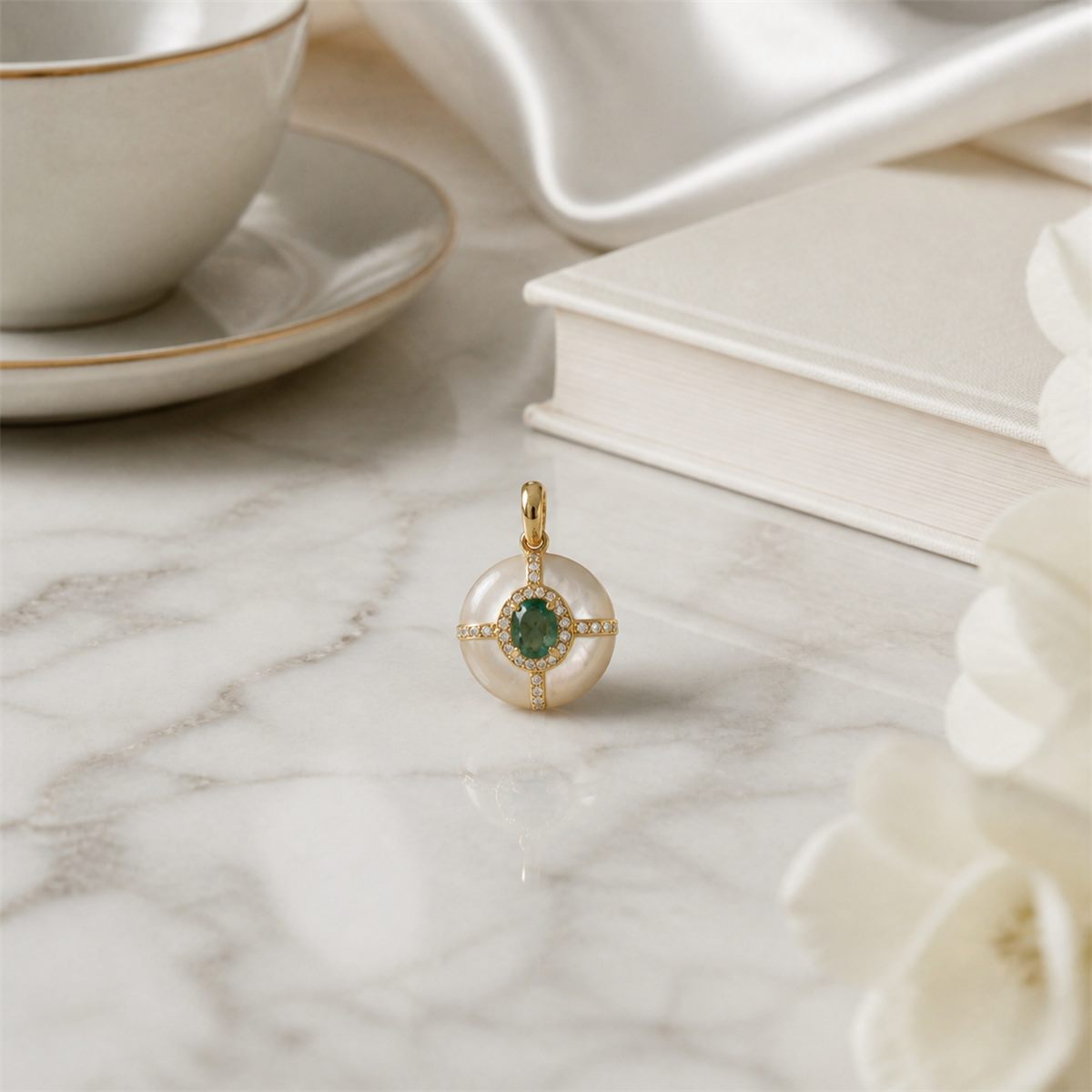 Natural Emerald & Cultured Pearl Pendant Necklace – Gold-Plated 925 Sterling Silver