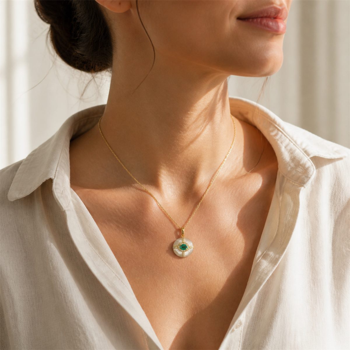 Natural Emerald & Cultured Pearl Pendant Necklace – Gold-Plated 925 Sterling Silver