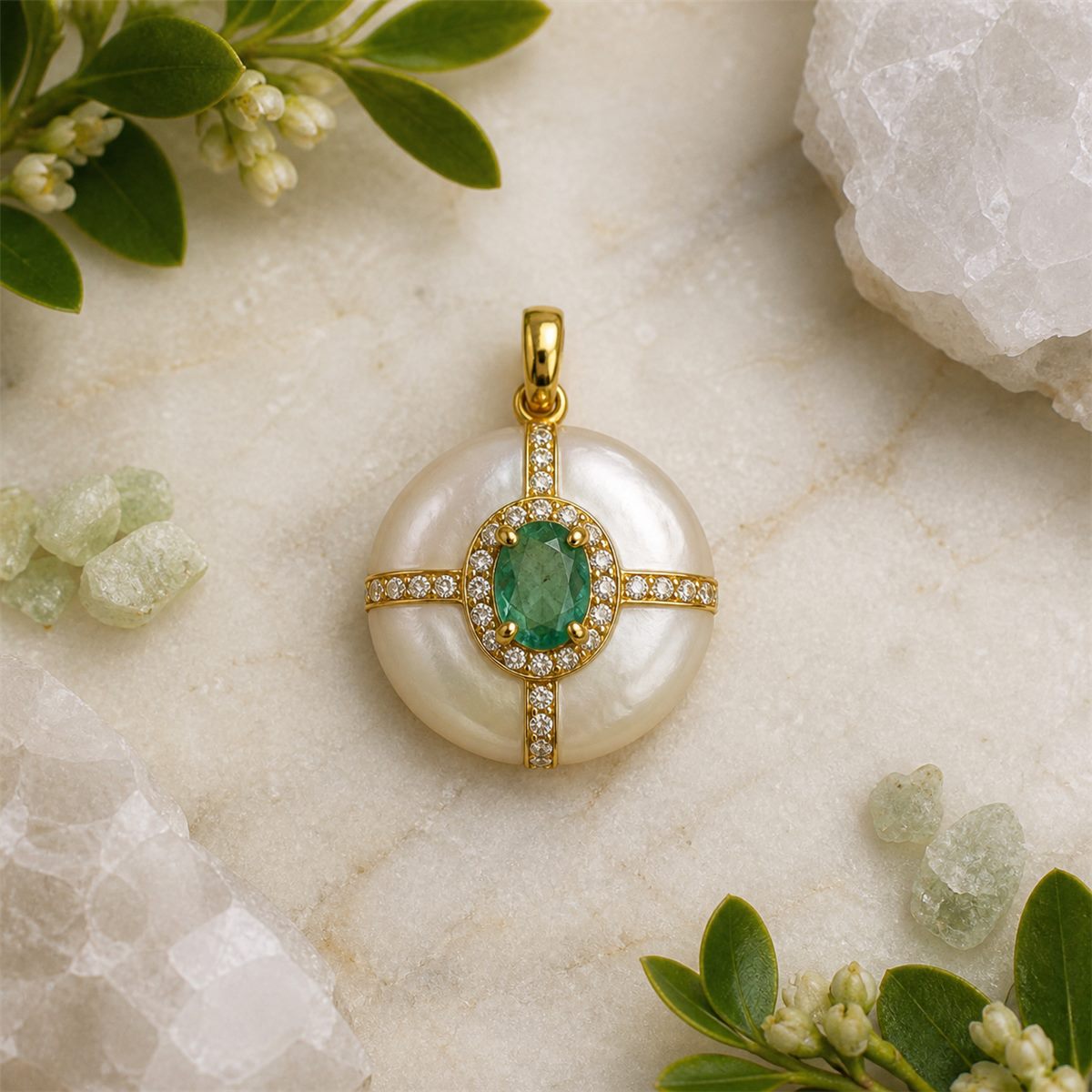 Natural Emerald & Cultured Pearl Pendant Necklace – Gold-Plated 925 Sterling Silver