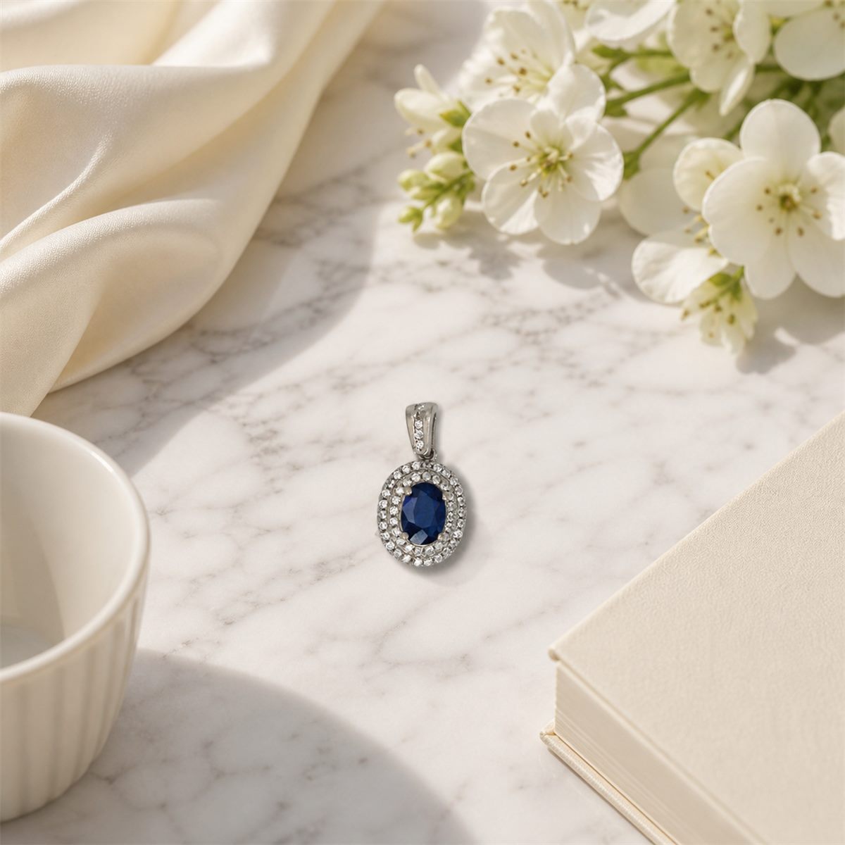 Natural Blue Sapphire Oval Halo Pendant Necklace – 925 Sterling Silver