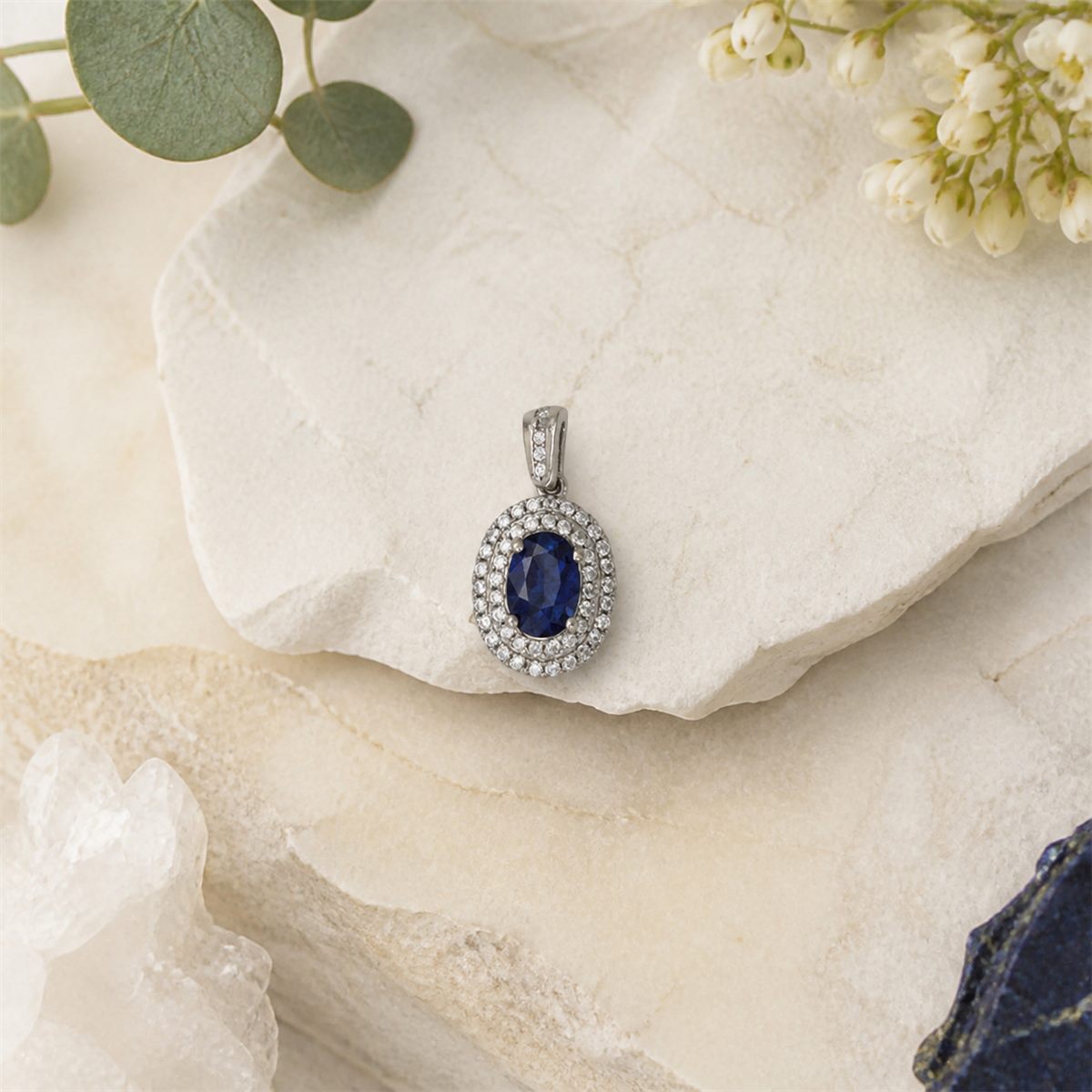 Natural Blue Sapphire Oval Halo Pendant Necklace – 925 Sterling Silver