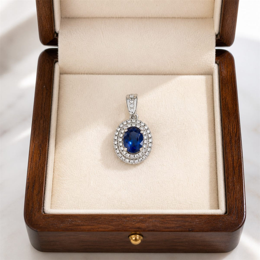 Natural Blue Sapphire Oval Halo Pendant Necklace – 925 Sterling Silver