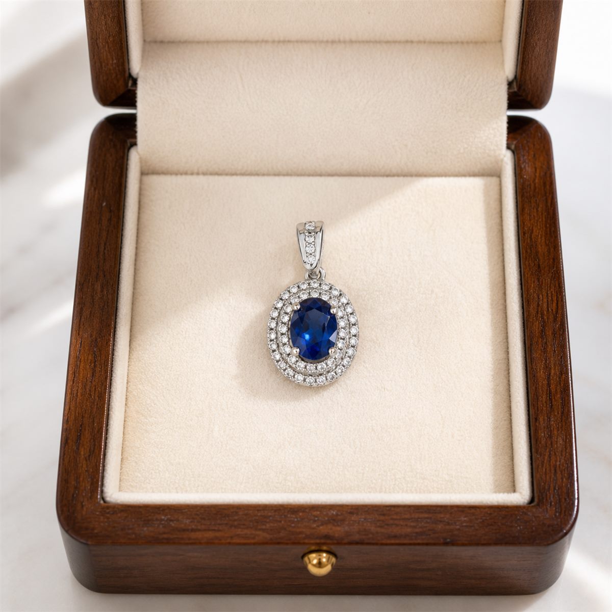 Natural Blue Sapphire Oval Halo Pendant Necklace – 925 Sterling Silver