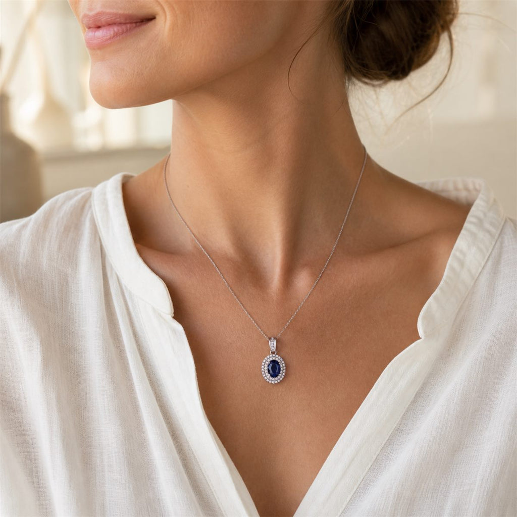 Natural Blue Sapphire Oval Halo Pendant Necklace – 925 Sterling Silver