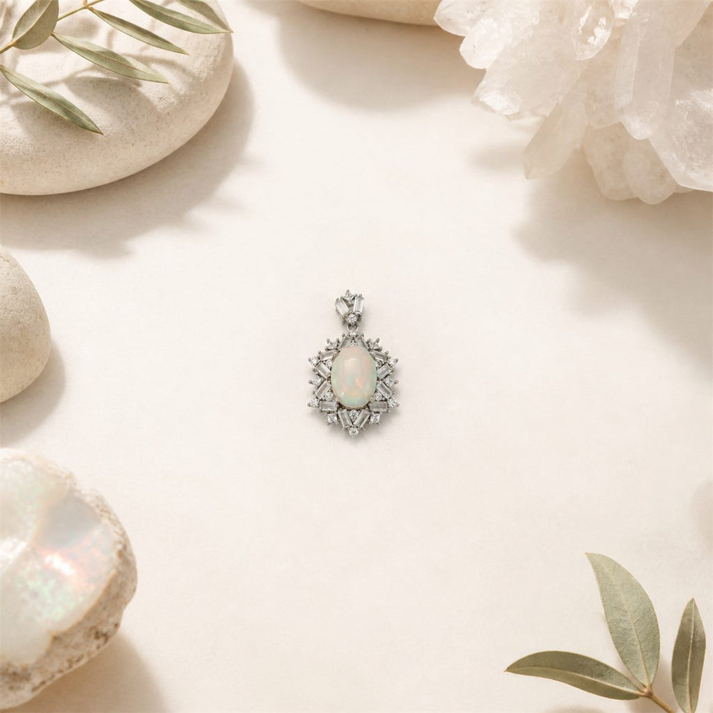 Natural Opal Geometric Halo Pendant Necklace – 925 Sterling Silver