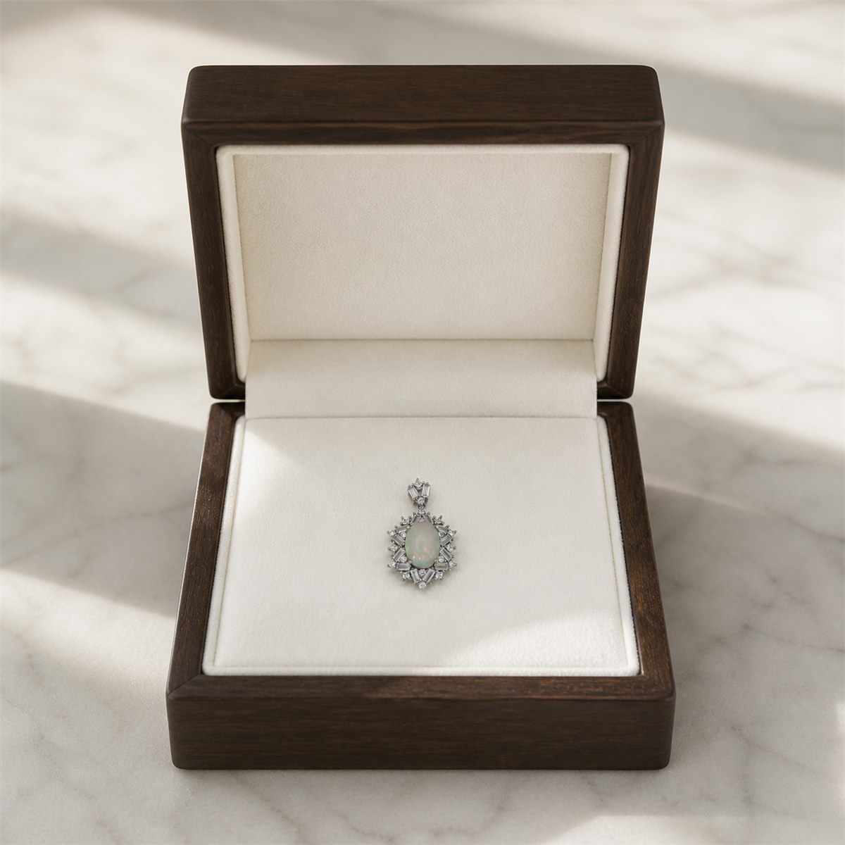 Natural Opal Geometric Halo Pendant Necklace – 925 Sterling Silver