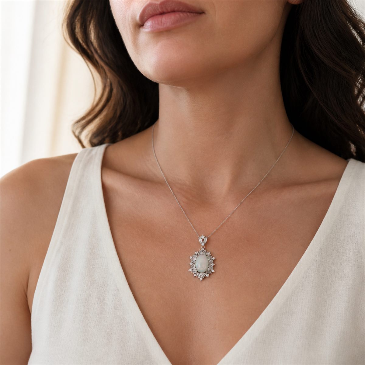 Natural Opal Geometric Halo Pendant Necklace – 925 Sterling Silver