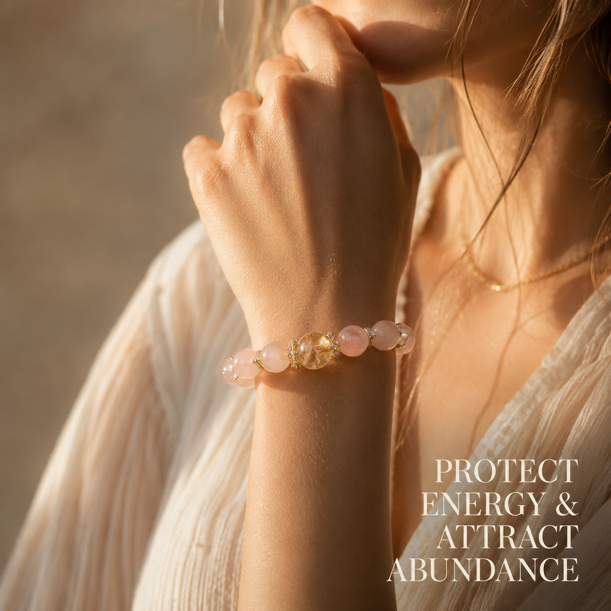 Genuine Peach Pink Natural Gemstone Beaded Stretch Bracelet, Hand‑Crafted Rose Quartz & Citrine | Made To Order