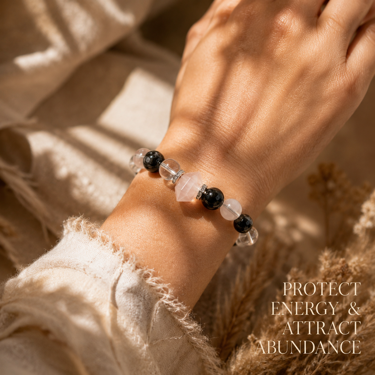 Natural Rose Quartz & Obsidian Beaded Stretch Bracelet  | Made to Order