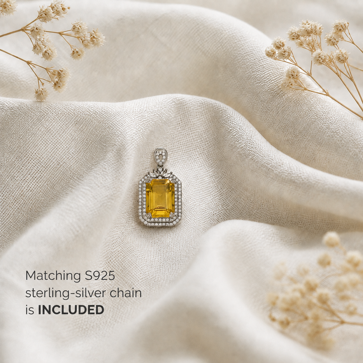 Natural Brazilian Citrine Halo Pendant Necklace – 925 Sterling Silver