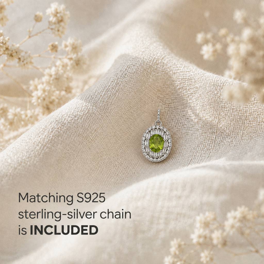 Natural Peridot Geometric Halo Pendant Necklace – 925 Sterling Silver
