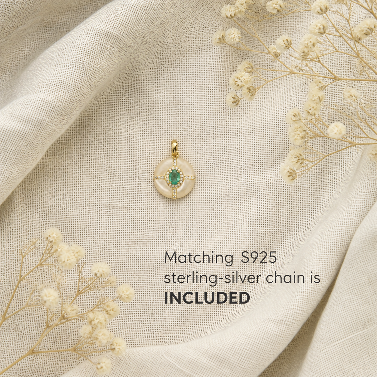 Natural Emerald & Cultured Pearl Pendant Necklace – Gold-Plated 925 Sterling Silver