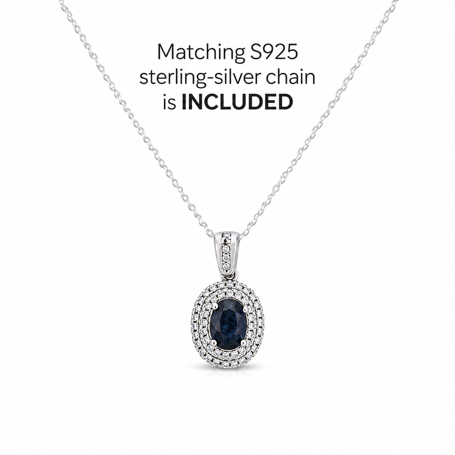 Natural Blue Sapphire Oval Halo Pendant Necklace – 925 Sterling Silver
