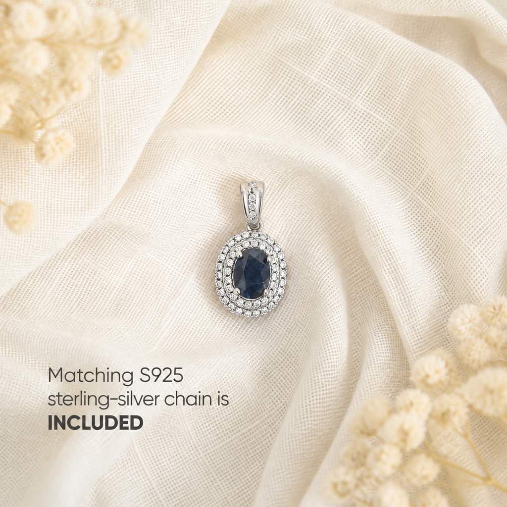 Natural Blue Sapphire Oval Halo Pendant Necklace – 925 Sterling Silver
