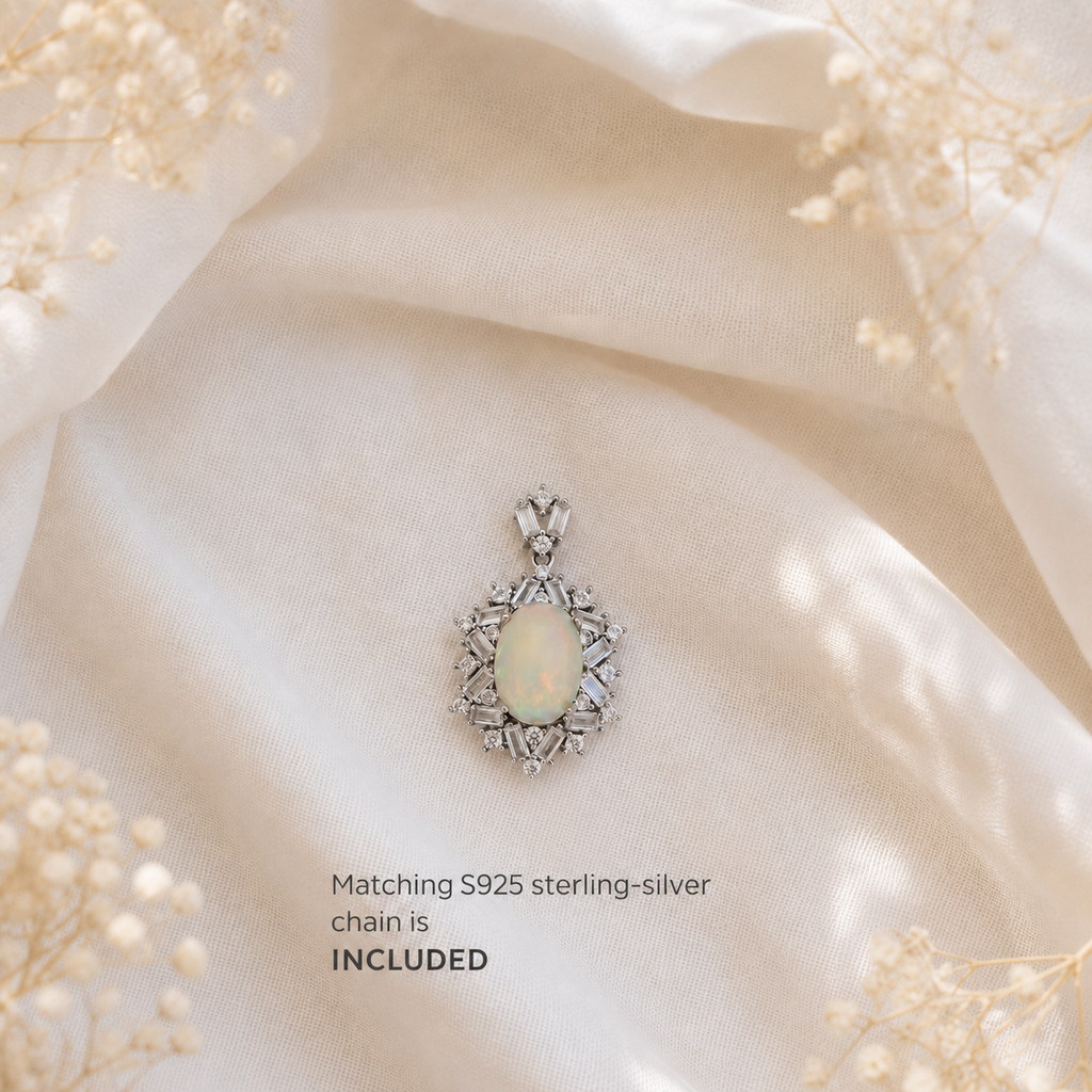 Natural Opal Geometric Halo Pendant Necklace – 925 Sterling Silver