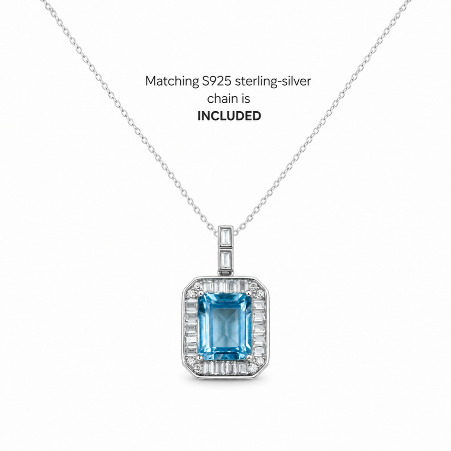 Natural Blue Topaz Emerald-Cut Halo Pendant Necklace – 925 Sterling Silver