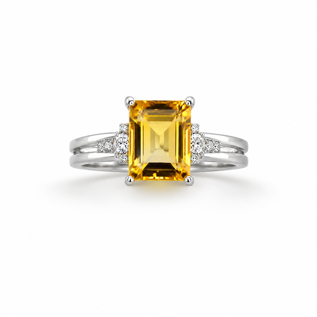 Natural Brazilian Citrine Emerald-Cut Side-Stone Adjustable Ring – 925 Sterling Silver