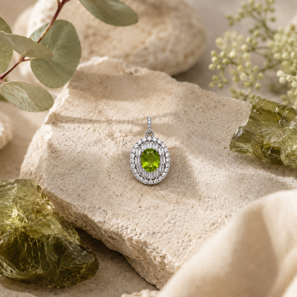 Natural Peridot Geometric Halo Pendant Necklace – 925 Sterling Silver