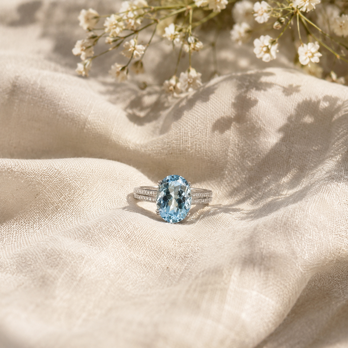 Natural Blue Topaz Large Oval Pavé-Band Adjustable Ring – 925 Sterling Silver