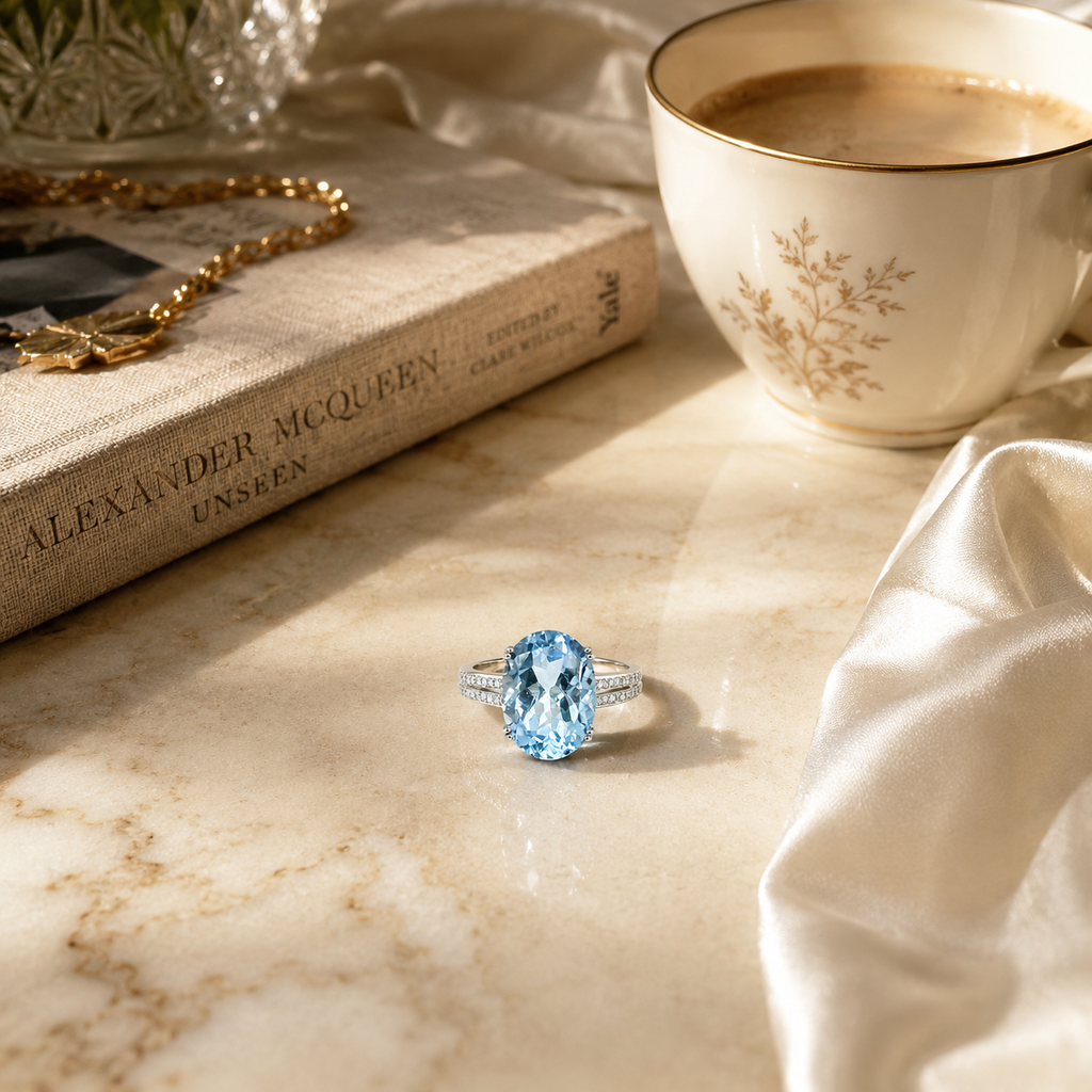 Natural Blue Topaz Large Oval Pavé-Band Adjustable Ring – 925 Sterling Silver