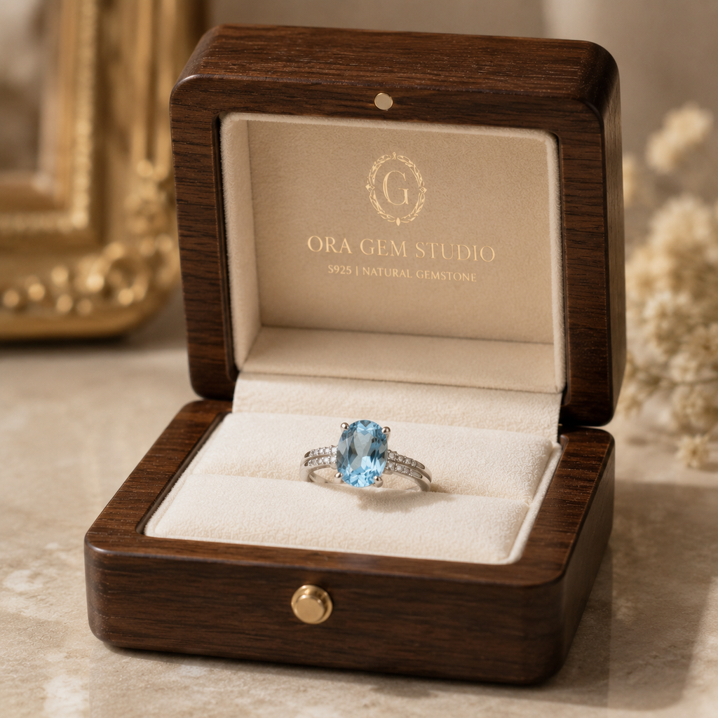 Natural Blue Topaz Large Oval Pavé-Band Adjustable Ring – 925 Sterling Silver