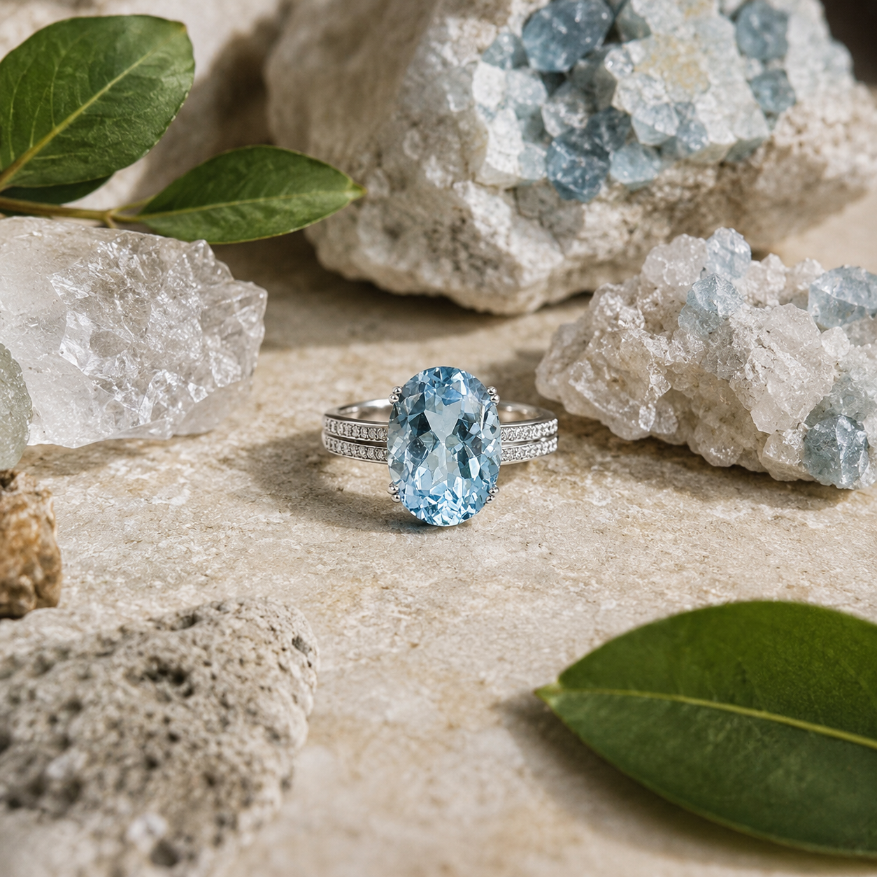 Natural Blue Topaz Large Oval Pavé-Band Adjustable Ring – 925 Sterling Silver