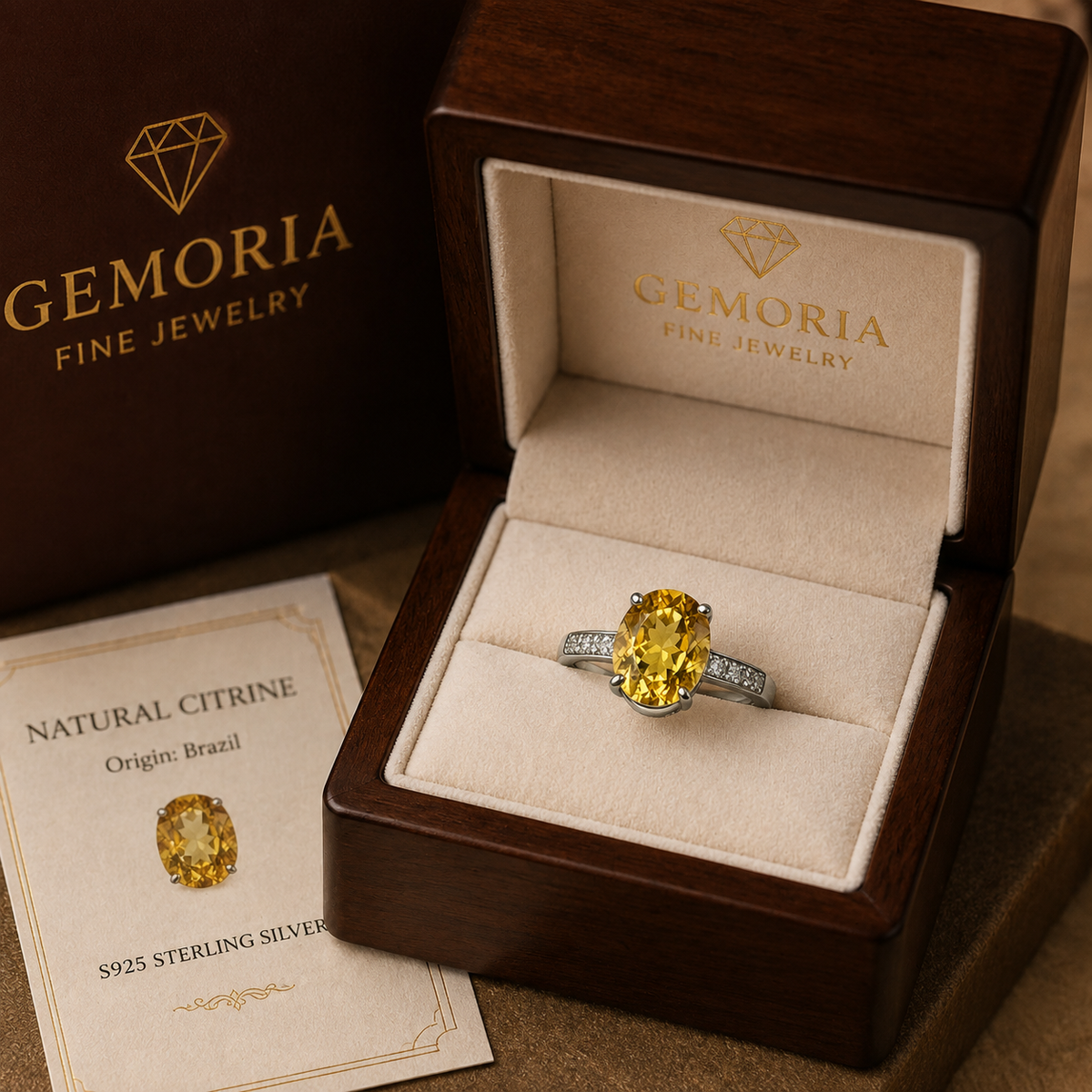 Natural Brazilian Citrine Oval Halo Adjustable Ring – 925 Sterling Silver