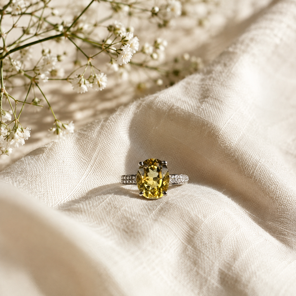 Natural Brazilian Citrine Oval Halo Adjustable Ring – 925 Sterling Silver