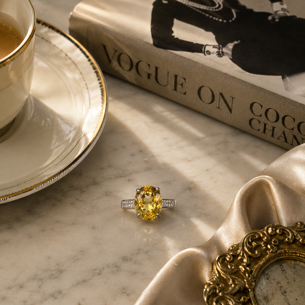 Natural Brazilian Citrine Oval Halo Adjustable Ring – 925 Sterling Silver